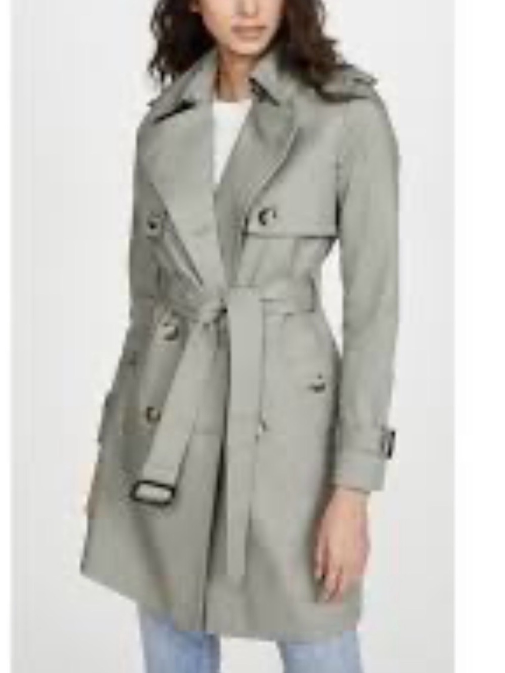 Club Monaco Women’s Trench Coat Sage Green Notch Lapels Storm Flaps Sz XS NWT